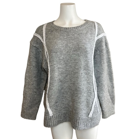 Line & Dot Sweaters - Line and Dot ~ Braid Trim Sweater Grey Pullover Large L